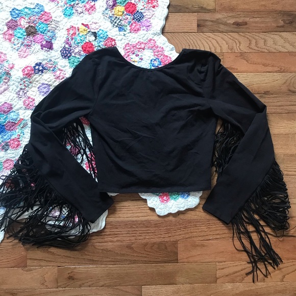 NWT! Zara Black Long Sleeve Crop Top With Fringe - Picture 3 of 7